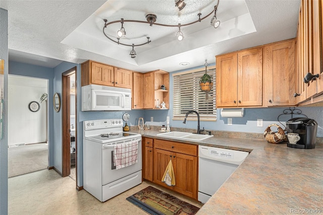7622 E Nassau Ave, Denver, CO 80237 - kitchen with white appliances, a raised ceiling, open shelves, and a textured ceiling