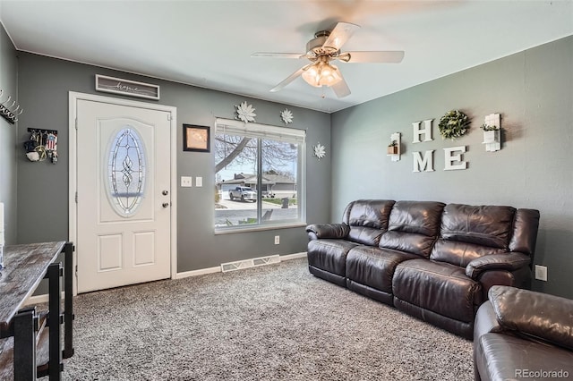 3180 Mowry Pl, Westminster, CO 80031 - living area with carpet, visible vents, baseboards, and ceiling fan