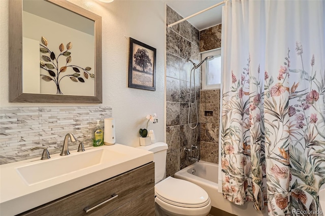 3180 Mowry Pl, Westminster, CO 80031 - full bathroom with backsplash, shower / bath combo with shower curtain, toilet, and vanity