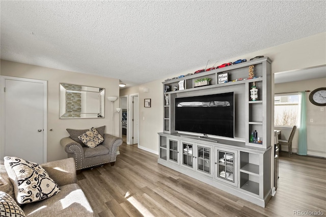 living room with wood-type flooring and a textured ceiling