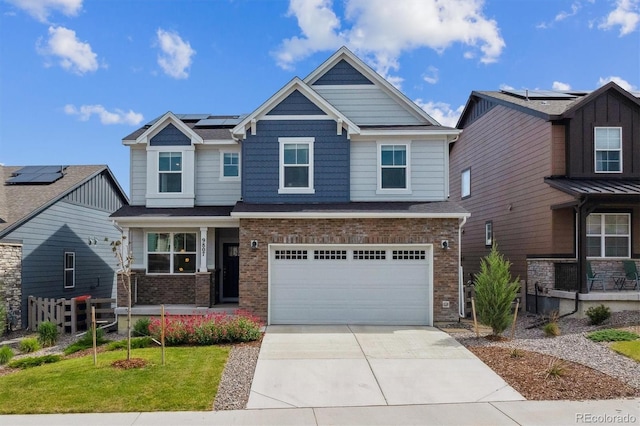 9807 Rosalee Peak St, Littleton, CO 80125 - craftsman-style home with brick siding, roof mounted solar panels, a porch, concrete driveway, and an attached garage