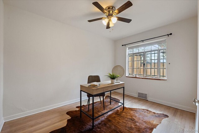 1439 Dexter St, Denver, CO 80220 - office featuring wood finished floors, baseboards, and ceiling fan