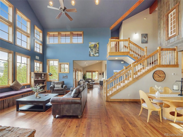 77 B Rd, Silverthorne, CO 80498 - living room featuring high vaulted ceiling, wood-type flooring, stairway, a ceiling fan, and baseboards