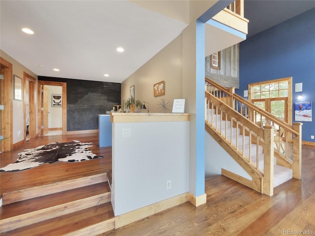 77 B Rd, Silverthorne, CO 80498 - stairs with baseboards, wood finished floors, and recessed lighting