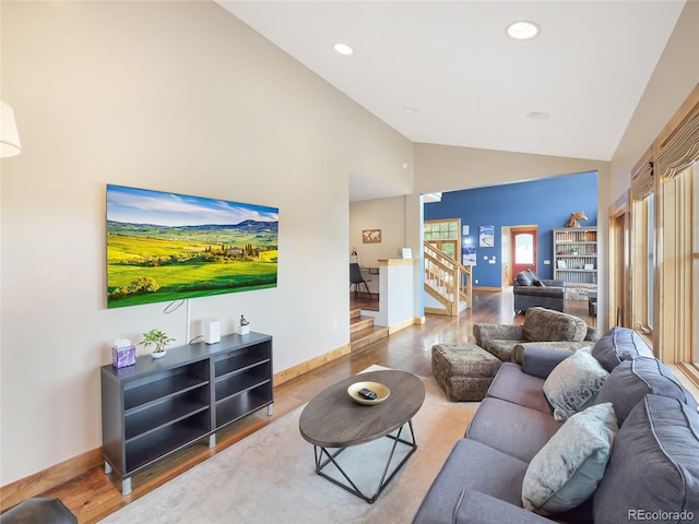 77 B Rd, Silverthorne, CO 80498 - living area featuring wood finished floors, baseboards, stairs, high vaulted ceiling, and recessed lighting