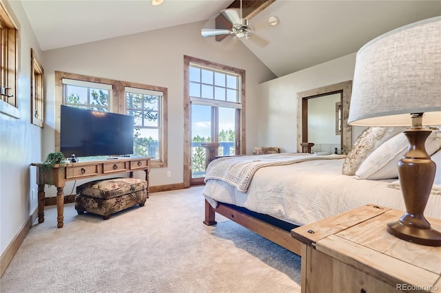 77 B Rd, Silverthorne, CO 80498 - bedroom featuring baseboards, high vaulted ceiling, carpet, access to outside, and ceiling fan