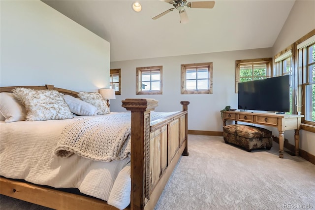 77 B Rd, Silverthorne, CO 80498 - bedroom featuring vaulted ceiling, baseboards, light carpet, and a ceiling fan