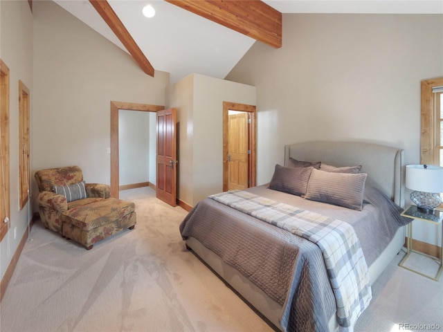 77 B Rd, Silverthorne, CO 80498 - bedroom with light colored carpet, beam ceiling, baseboards, high vaulted ceiling, and recessed lighting