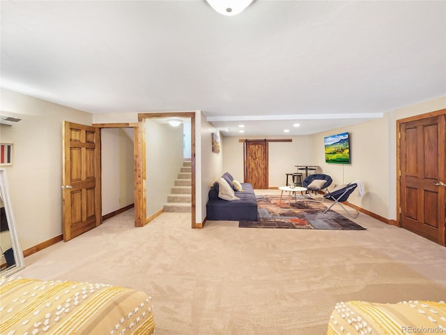 77 B Rd, Silverthorne, CO 80498 - living area featuring stairs, light colored carpet, baseboards, and recessed lighting