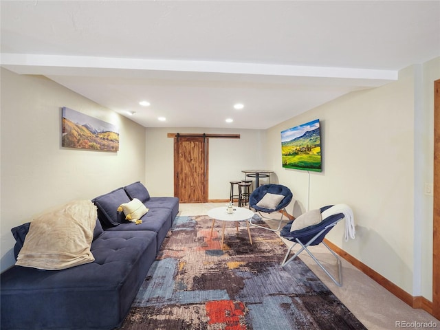 77 B Rd, Silverthorne, CO 80498 - living area with a barn door, carpet flooring, recessed lighting, and baseboards