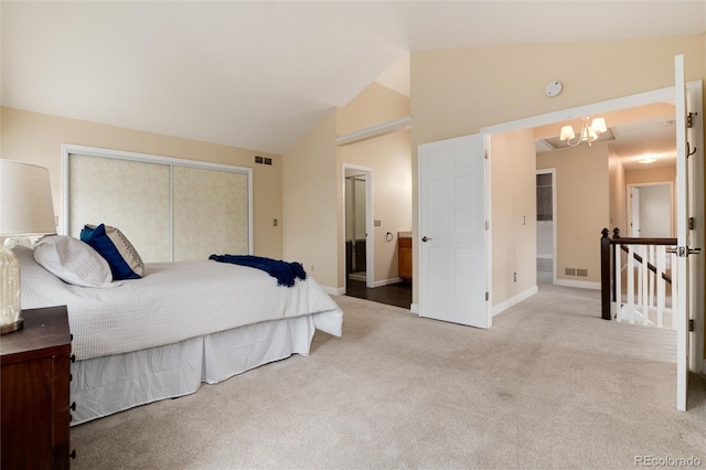8182 Sweet Water Rd, Lone Tree, CO 80124 - carpeted bedroom featuring vaulted ceiling, a chandelier, a closet, baseboards, and ensuite bath
