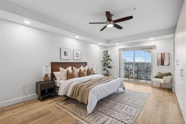 bedroom featuring ceiling fan, recessed lighting, light wood-type flooring, and baseboards