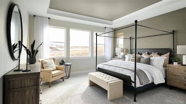 bedroom featuring a raised ceiling and light colored carpet