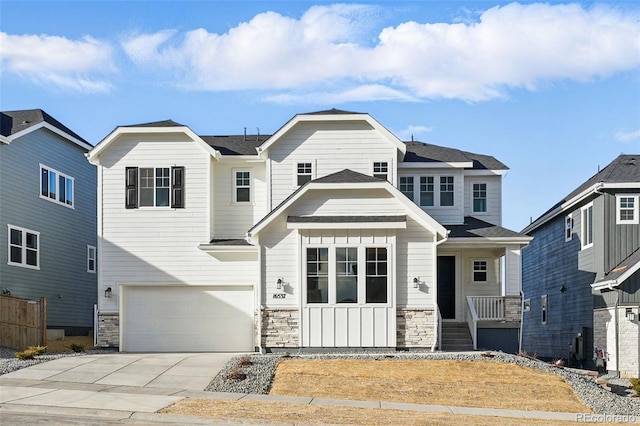 16537 Black Rose Cir, Parker, CO 80134 - craftsman inspired home featuring stone siding, concrete driveway, a garage, and covered porch