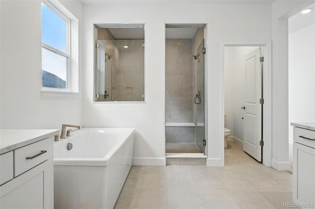 16537 Black Rose Cir, Parker, CO 80134 - bathroom featuring vanity, toilet, baseboards, a soaking tub, and a stall shower