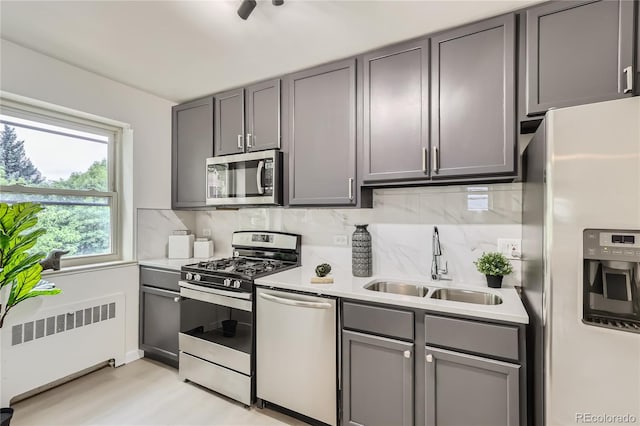 kitchen featuring radiator, gray cabinets, a sink, appliances with stainless steel finishes, and tasteful backsplash