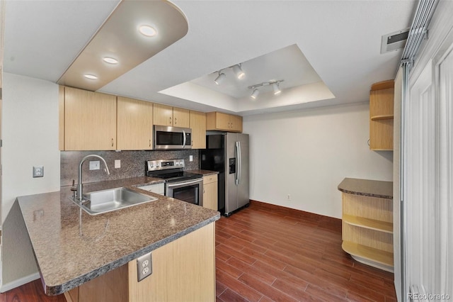 kitchen with kitchen peninsula, light brown cabinetry, stainless steel appliances, a raised ceiling, and sink