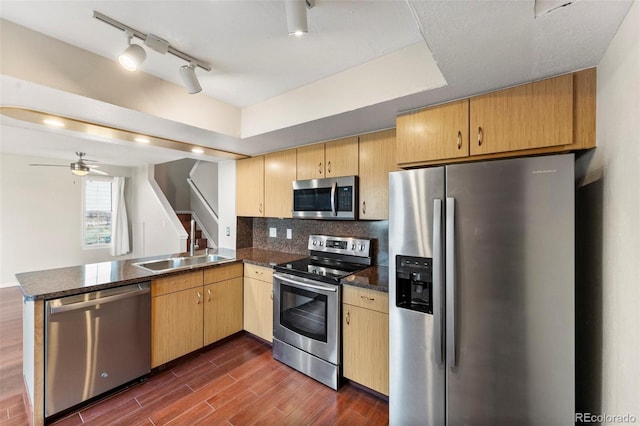 kitchen featuring sink, ceiling fan, dark hardwood / wood-style flooring, kitchen peninsula, and stainless steel appliances