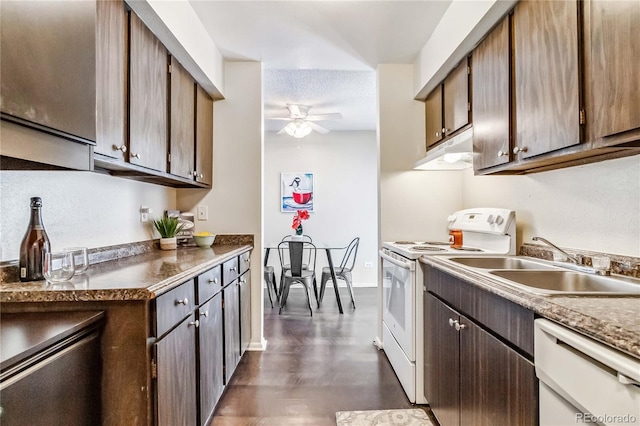 kitchen with dark brown cabinetry, sink, white appliances, a textured ceiling, and ceiling fan