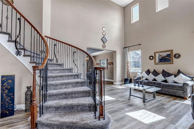 interior space with wood finished floors, a towering ceiling, and baseboards
