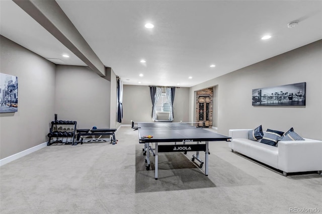 playroom with recessed lighting, carpet, and baseboards