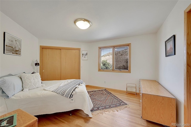 bedroom featuring light wood-type flooring and a closet