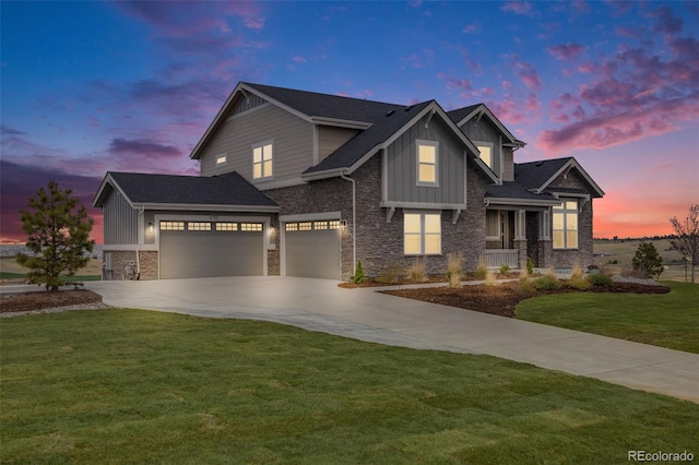 8750 Red Primrose St, Franktown, CO 80116 - craftsman inspired home with stone siding, a garage, board and batten siding, a lawn, and driveway