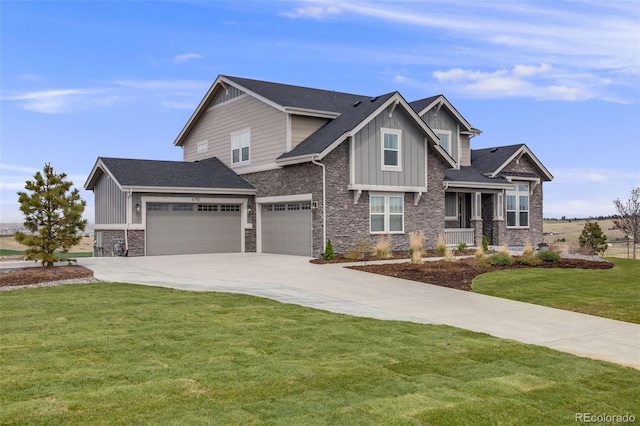 8750 Red Primrose St, Franktown, CO 80116 - craftsman-style home featuring a garage, stone siding, a front yard, board and batten siding, and concrete driveway