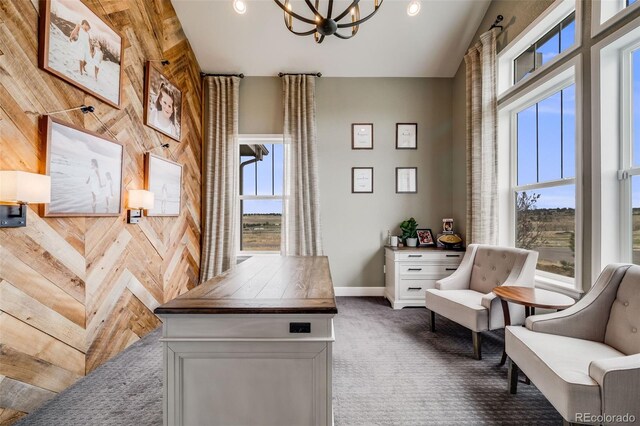 8750 Red Primrose St, Franktown, CO 80116 - carpeted home office featuring wooden walls, baseboards, an inviting chandelier, and high vaulted ceiling