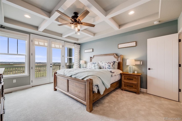 8750 Red Primrose St, Franktown, CO 80116 - bedroom with baseboards, beamed ceiling, access to outside, light carpet, and coffered ceiling