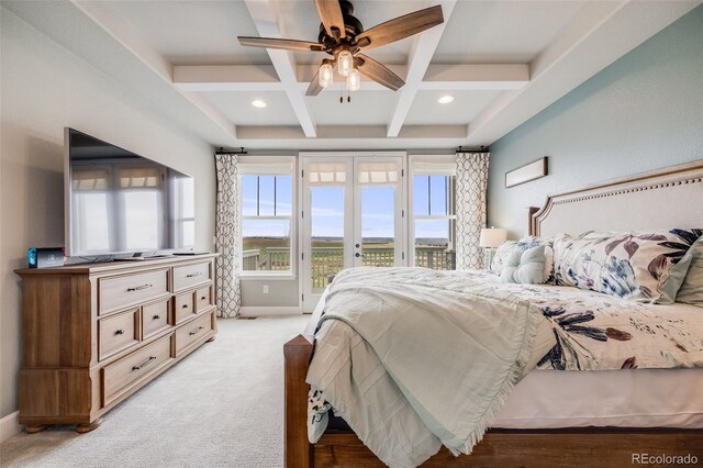 8750 Red Primrose St, Franktown, CO 80116 - bedroom with french doors, baseboards, beamed ceiling, access to outside, and coffered ceiling