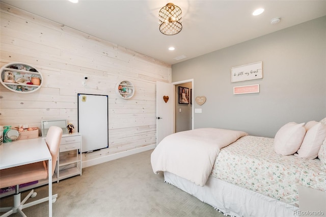 8750 Red Primrose St, Franktown, CO 80116 - bedroom with light colored carpet, wood walls, and recessed lighting