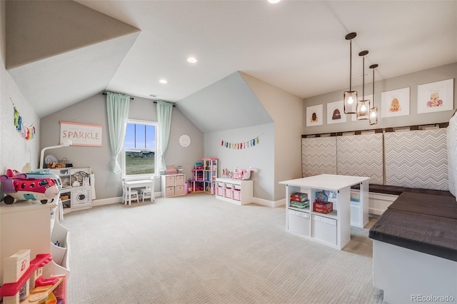 8750 Red Primrose St, Franktown, CO 80116 - recreation room featuring carpet flooring, recessed lighting, baseboards, and lofted ceiling