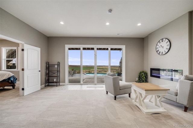 8750 Red Primrose St, Franktown, CO 80116 - living area featuring a glass covered fireplace, baseboards, recessed lighting, and light colored carpet