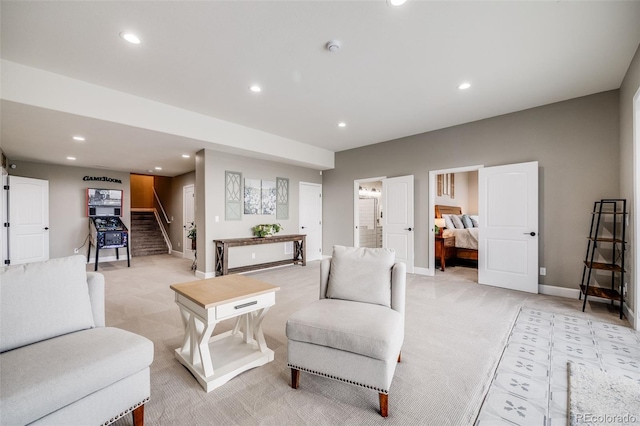 8750 Red Primrose St, Franktown, CO 80116 - living area featuring recessed lighting, baseboards, stairs, and light colored carpet