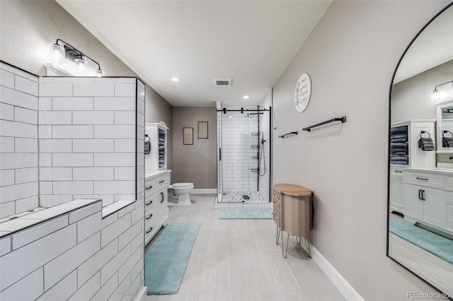 8750 Red Primrose St, Franktown, CO 80116 - bathroom with visible vents, vanity, toilet, recessed lighting, and a stall shower