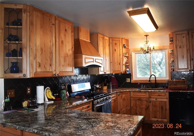 kitchen featuring open shelves, custom range hood, gas stove, a sink, and dishwasher