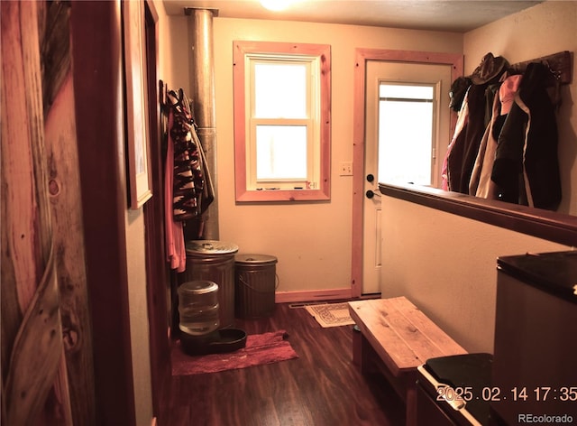 doorway to outside featuring dark wood-style floors and baseboards