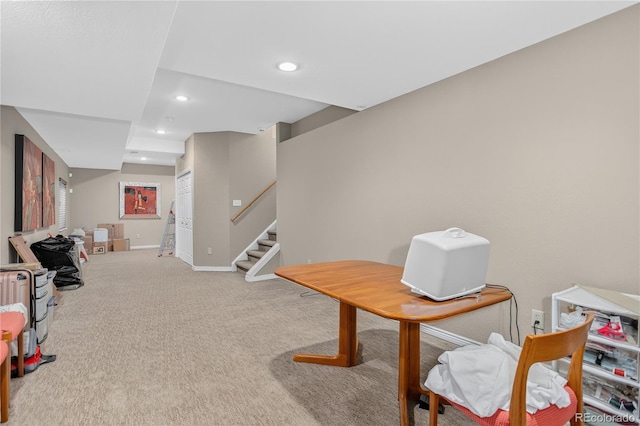 18153 E Amherst Dr, Aurora, CO 80013 - living area featuring carpet, stairway, and recessed lighting