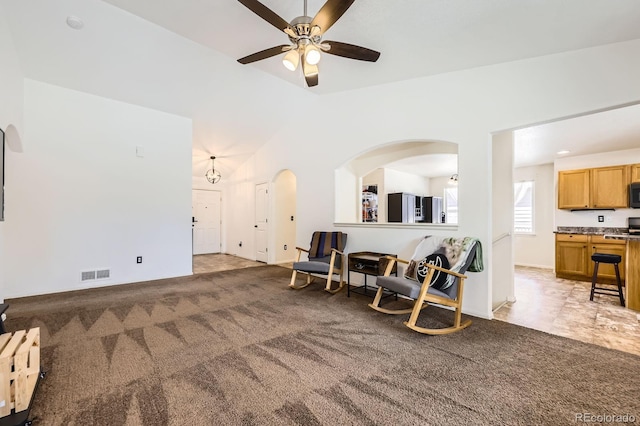 5770 Waverley Ave, Firestone, CO 80504 - sitting room with a ceiling fan, carpet floors, and arched walkways