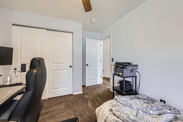 5770 Waverley Ave, Firestone, CO 80504 - bedroom with dark carpet, a closet, a desk, and a ceiling fan