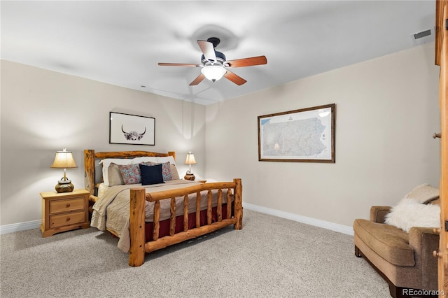 bedroom with ceiling fan and light colored carpet