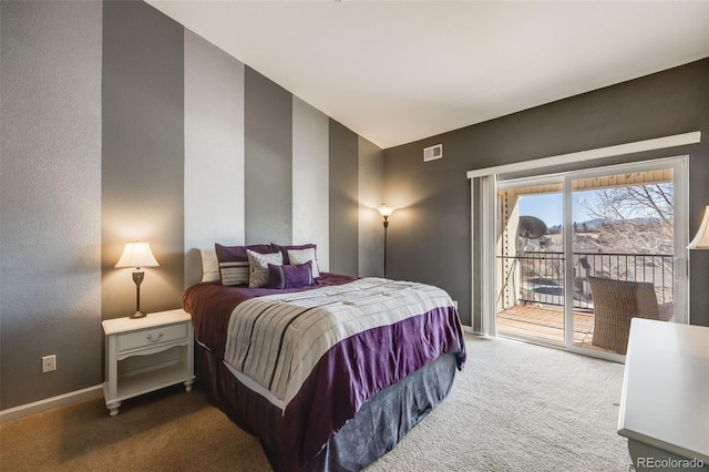 bedroom featuring baseboards, visible vents, carpet floors, access to exterior, and vaulted ceiling