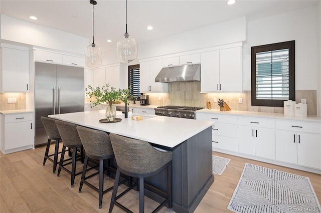 3149 W 35th Ave, Denver, CO 80211 - kitchen with under cabinet range hood, built in refrigerator, decorative backsplash, light wood-type flooring, and recessed lighting