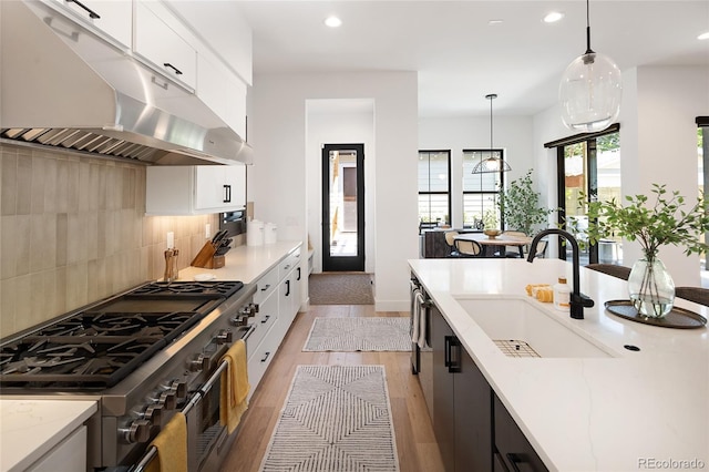 3149 W 35th Ave, Denver, CO 80211 - kitchen with under cabinet range hood, high end stove, light wood finished floors, pendant lighting, and recessed lighting