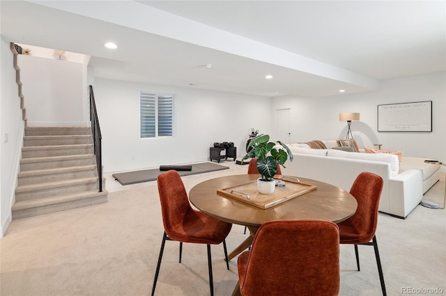 3149 W 35th Ave, Denver, CO 80211 - dining space featuring light colored carpet, recessed lighting, and stairway