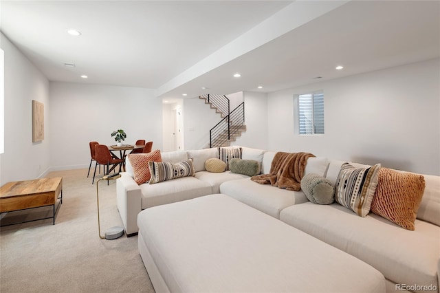 3149 W 35th Ave, Denver, CO 80211 - living area with light carpet, recessed lighting, and stairs