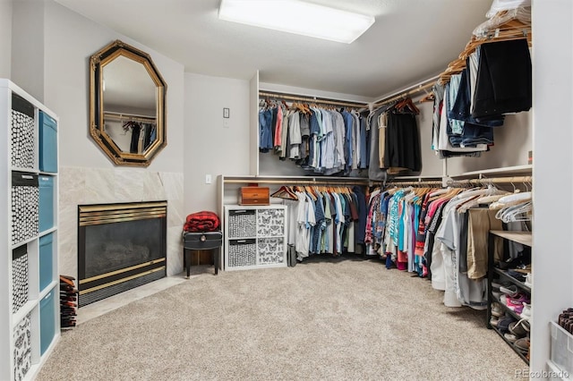 spacious closet with a premium fireplace and carpet flooring