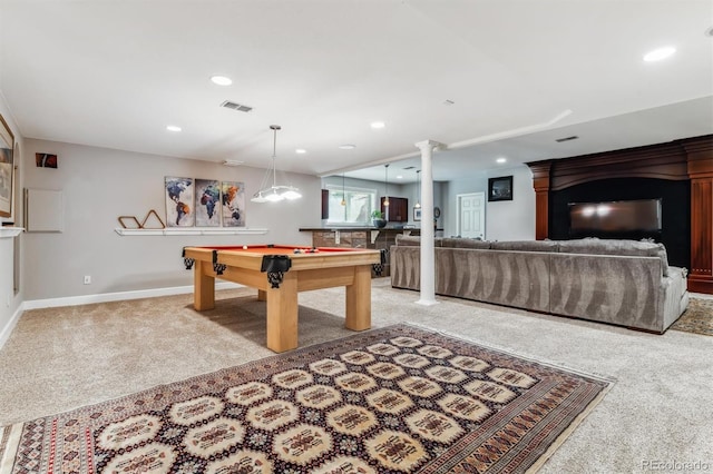 recreation room featuring decorative columns, light carpet, and billiards