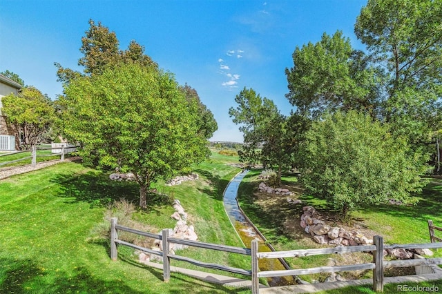 view of community with a lawn and a rural view